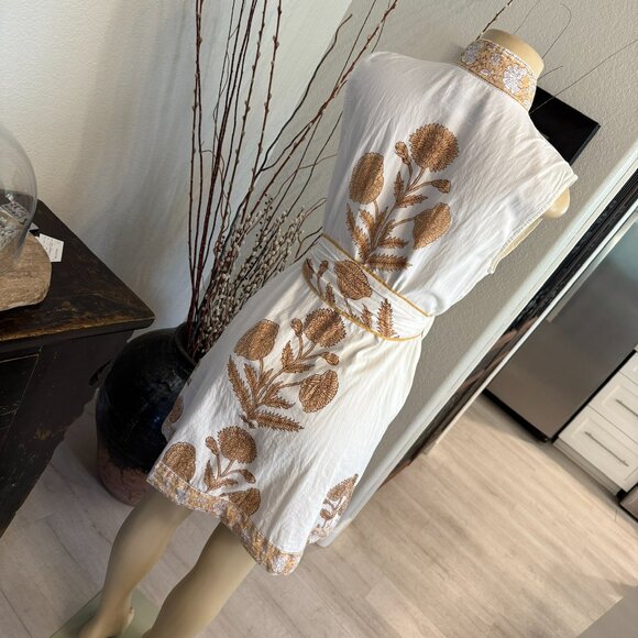 SUE SARTOR Hand Made Block Printed Brown&Cream Floral&Vines FLOUNCE DR. - Picture 2 of 12